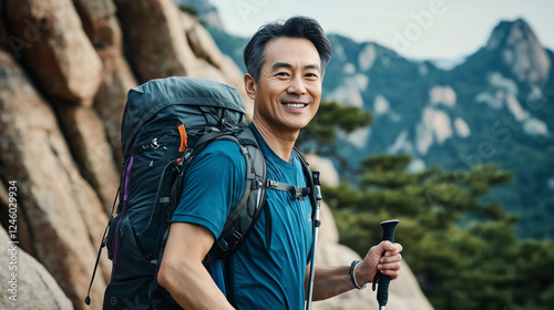 Stylish 50-Year-Old Korean Man on an Adventurous Mountain Hike photo