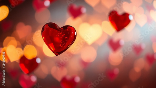 Valentine's day party celebration background. romantic floating red glass hearts, glitter effect bokeh lights and golden glow. Valentines Day, love concept wallpaper.