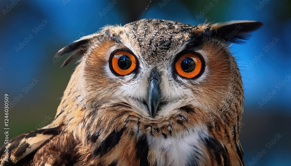 Vivid and Intense Owl Portrait with Expressive, Bright Eyes in a Forest Clearing at Dusk Vivid and Intense Owl Portrait with Expressive, Bright Eyes in a Forest Clearing at Dusk