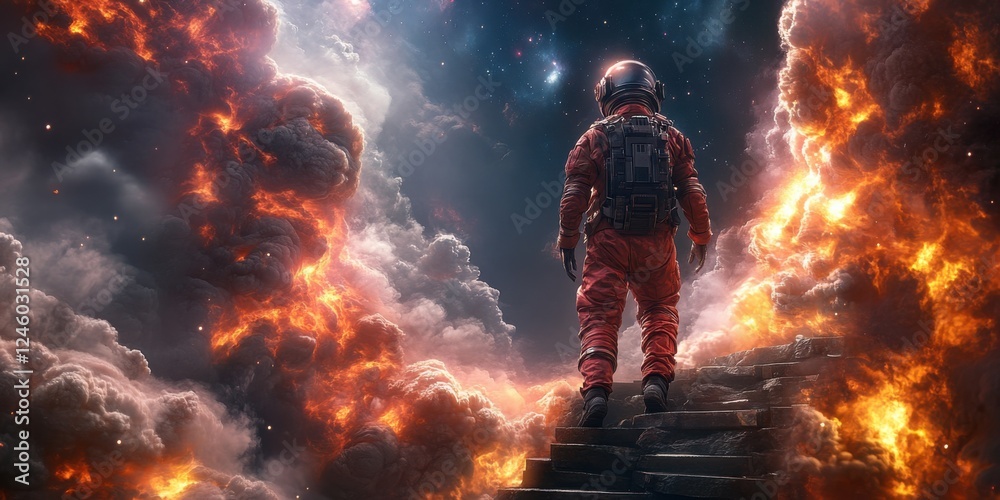 Astronaut standing on rocky steps gazing into a cosmic firestorm with glowing celestial clouds
Astronaut standing on rocky steps gazing into a cosmic firestorm with glowing celestial clouds