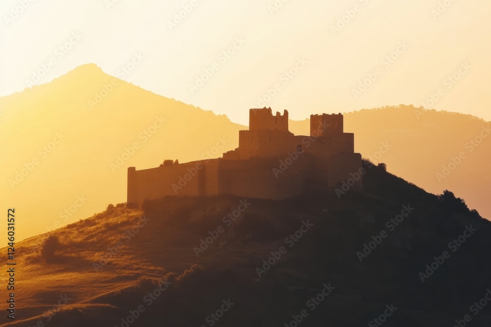 Sunset illuminates an ancient castle perched on a hilltop surrounded by distant mountains and open skies. Generative AI Sunset illuminates an ancient castle perched on a hilltop surrounded by distant mountains and open skies. Generative AI