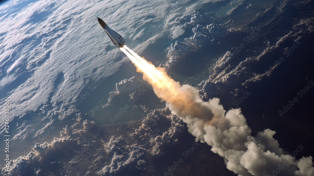 Fototapeta premium Rocket Ascending Through Earths Atmosphere Above Clouds
