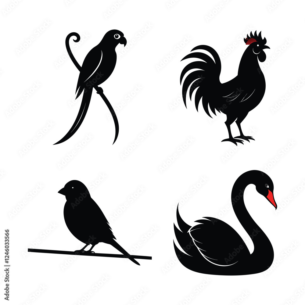 Fototapeta premium Parrot, rooster, sparrow, and swan silhouette bundle pack with write background