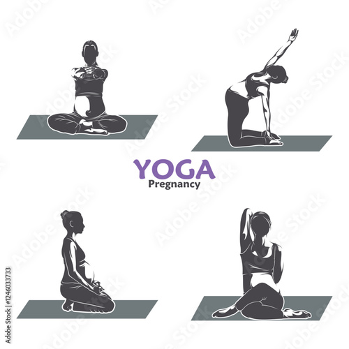 Vector illustration of a pregnant woman doing yoga pose with minimalist and modern design. This image is suitable for use in promotional materials for prenatal yoga classes, maternal health, and etc.