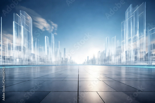 Clean brick square with holographic projection smart city background