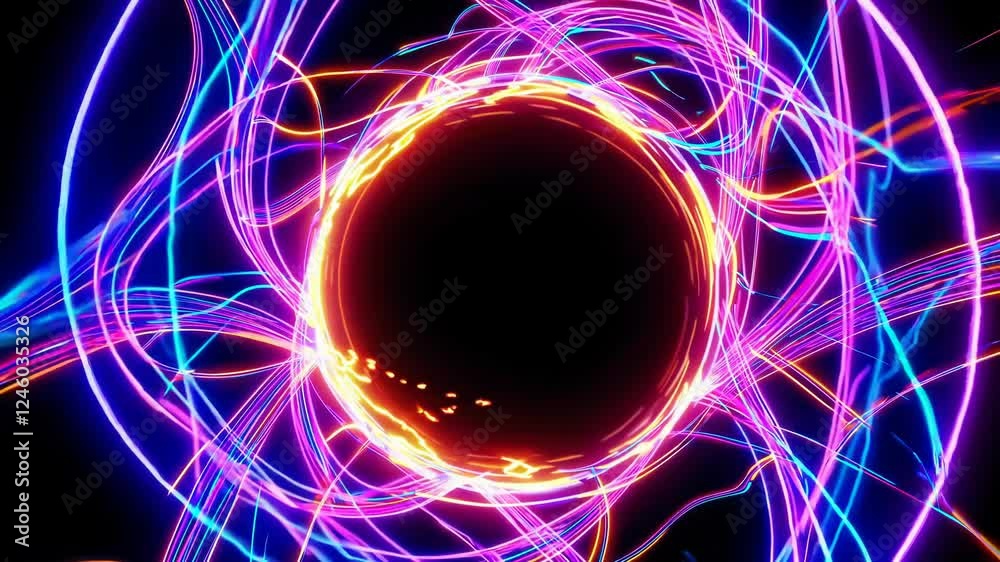 A radiant energy burst with glowing light trails in pink, blue, and orange converging at a central point