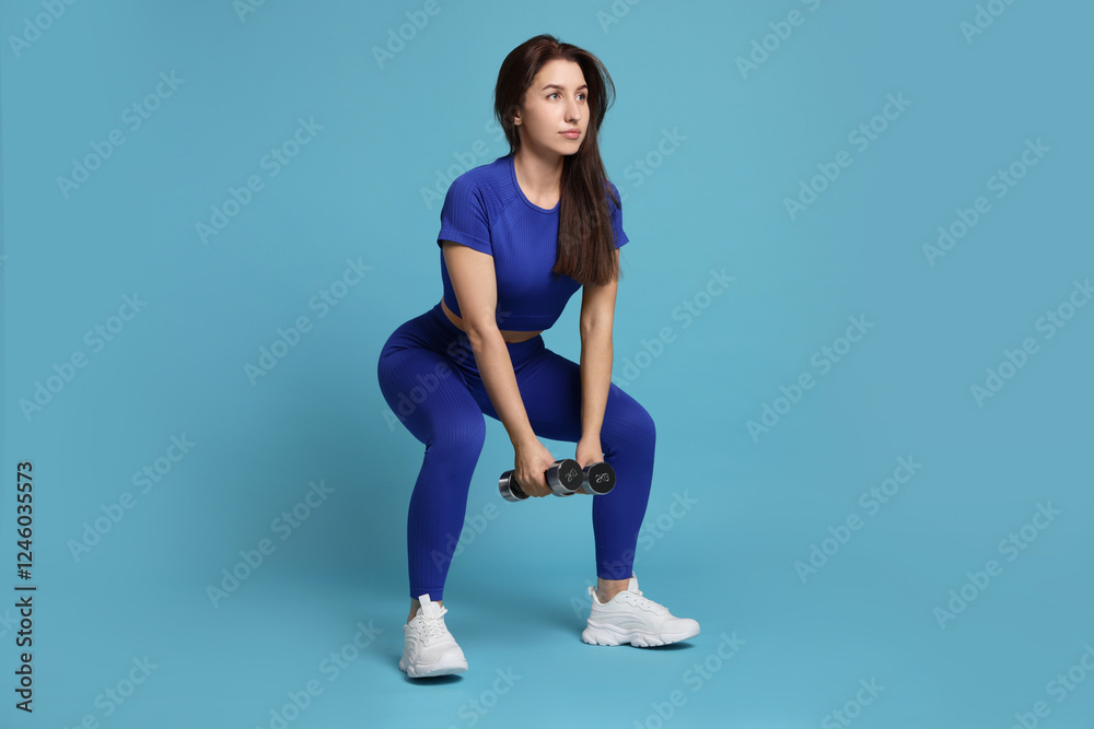 Woman in sportswear exercising with dumbbells on light blue background Woman in sportswear exercising with dumbbells on light blue background