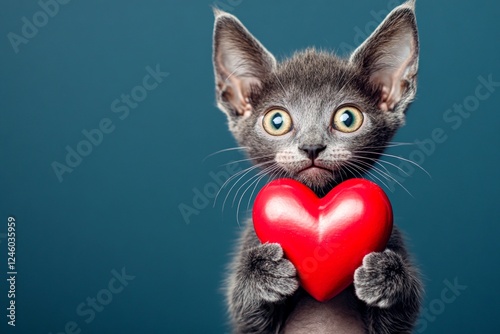 Cute lykoi baby cat with animal toy red heart - sign of love, funny greeting card. Lykoi - my cherished cat. Digital ads creative. February 14 heart animal. Romantic february pet. Fluffy cat. photo