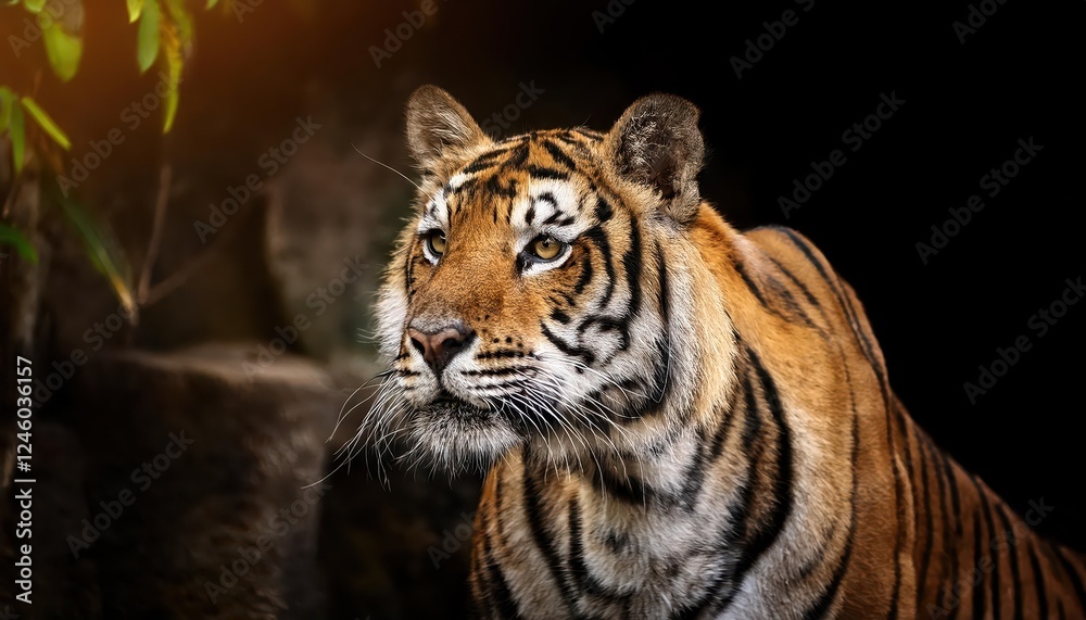 Naklejka premium Striking Tigers Encounter in a Vibrant Wildlife Reserve at Dusk, Showcasing the Majestic Beauty and Power of a Royal Striped Feline Amidst Rich Autumn Hues.