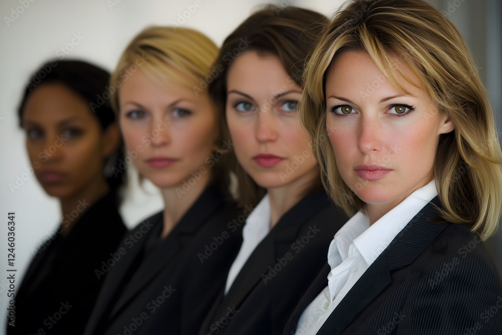 A group of well-groomed women in corporate suits who all look straight into the camera with expressions of admiration and awe. A group of well-groomed women in corporate suits who all look straight into the camera with expressions of admiration and awe.
