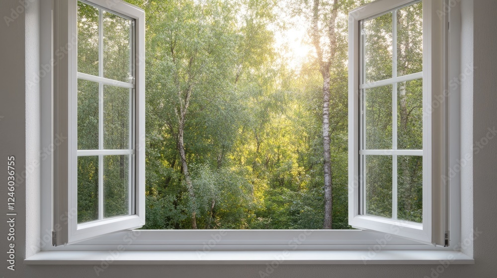 Open windows frame a peaceful forest bathed in warm sunlight, creating a serene atmosphere in the inviting room Open windows frame a peaceful forest bathed in warm sunlight, creating a serene atmosphere in the inviting room