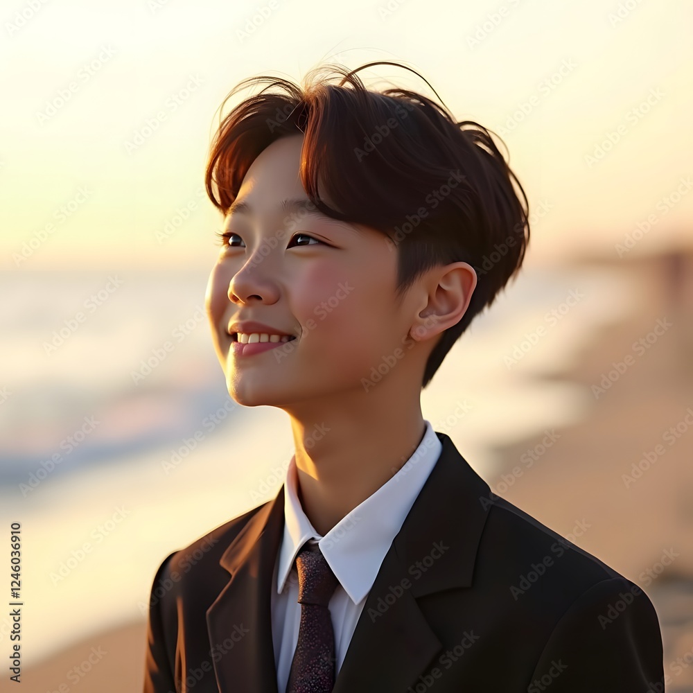 Radiant Asian Youth Embracing Nature: A Genderfluid Preteen Captured in Formal Attire on the Beach at Golden Hour, Capturing Joy Through Photography Radiant Asian Youth Embracing Nature: A Genderfluid Preteen Captured in Formal Attire on the Beach at Golden Hour, Capturing Joy Through Photography