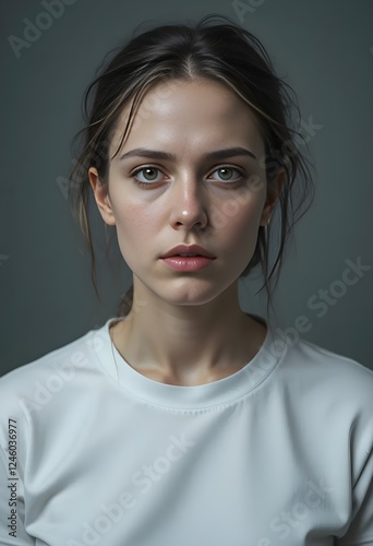 A stunning portrait of a young woman with a serene expression. Simple background, minimalist style.