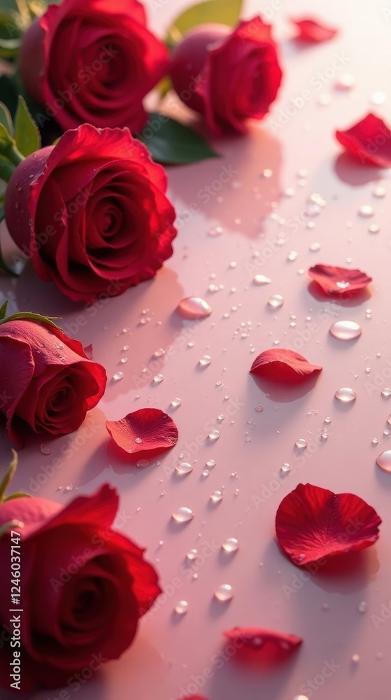 Romantic Red Roses and Dewdrops on a Pink Surface A Close-Up View of Fresh, Vibrant Blooms with Scattered Petals Romantic Red Roses and Dewdrops on a Pink Surface A Close-Up View of Fresh, Vibrant Blooms with Scattered Petals