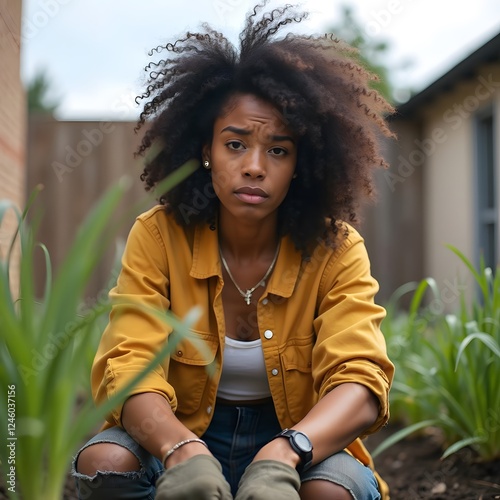 Serene Elegance: A Young African American Woman Cultivating Her Garden