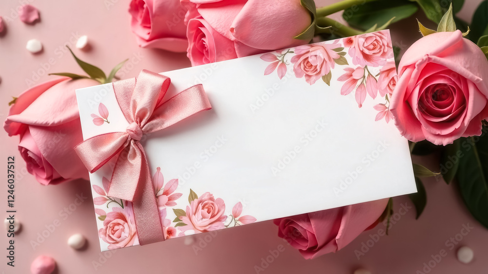Gift card decorated with bow and ribbon and pink roses flower on background. Mockup design gift certificate for mothers day. Valentines day greeting card. Voucher template for womens day. Love letter Gift card decorated with bow and ribbon and pink roses flower on background. Mockup design gift certificate for mothers day. Valentines day greeting card. Voucher template for womens day. Love letter