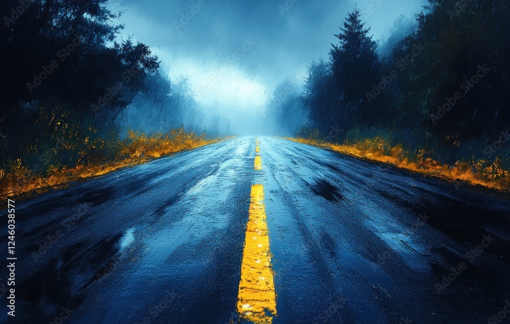 Fototapeta premium Top View of Black Asphalt Road with White Lines and Yellow Stripe in Impressionistic Style