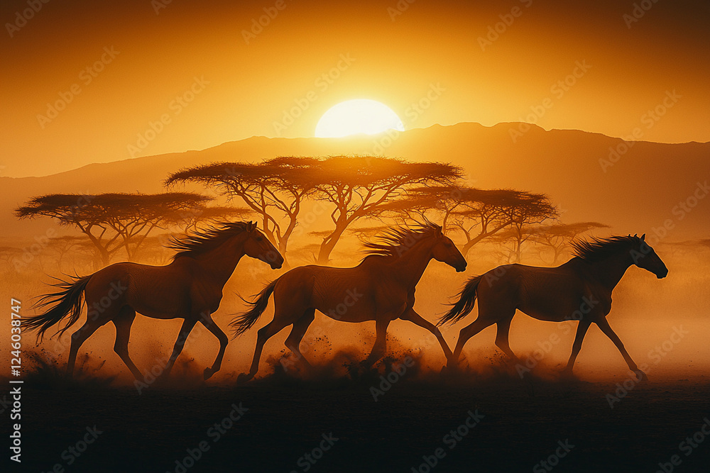 Horses Gallop Across a Misty Plains at Sunset With Silhouettes of Trees. Generative AI Horses Gallop Across a Misty Plains at Sunset With Silhouettes of Trees. Generative AI