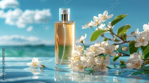 Elegant perfume bottle surrounded by blooming flowers against a serene ocean backdrop photo