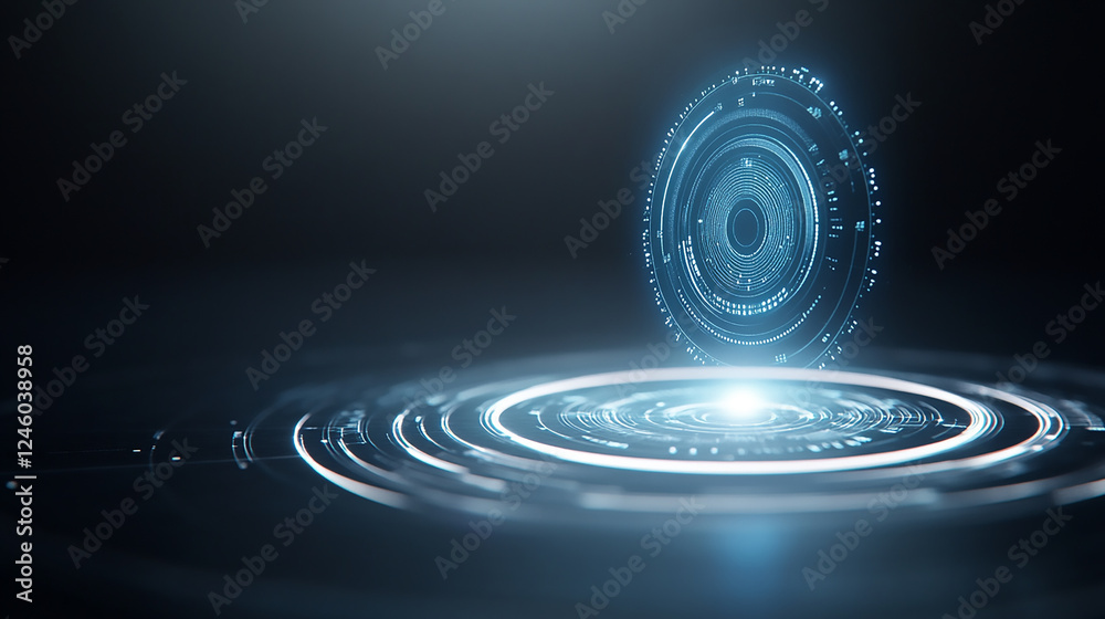 Fototapeta premium Futuristic Digital Interface with Glowing Circles Glowing digital particles riding fluid blue waves on a dark background with white highlights symbolizing futuristic technology