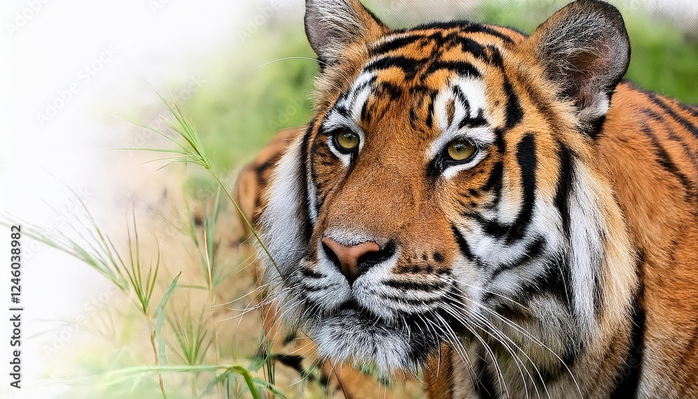 Fototapeta premium Vivid Tiger Wildlife Drawing Realistic Portrayal of Majestic Bengal Cat in Stunning Detail, Capturing the Power and Grace of the King of the Jungle.