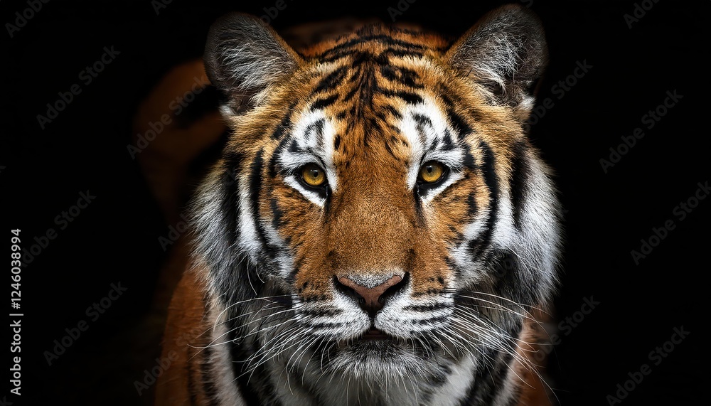 Fototapeta premium Powerful Black Panther Strikingly Illuminated Against an Ominous Black Backdrop, Showcasing the Majesty and Mystique of the Big Cat in Vivid Detail.