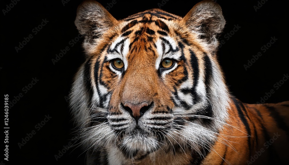 Naklejka premium Vivid Tiger in Deep Black Background, Showcasing Majestic Stripes and Intense Eyes, Set Against a Moody Night Scene, Perfect for Digital Art, Home Decor, or Design Inspiration.