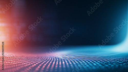 Futuristic Digital Interface with Glowing Circles Glowing digital particles riding fluid blue waves on a dark background with white highlights symbolizing futuristic technology