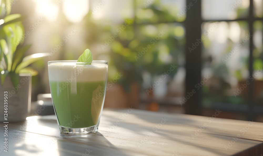 beautiful glass filled with matcha latte, Generative AI beautiful glass filled with matcha latte, Generative AI