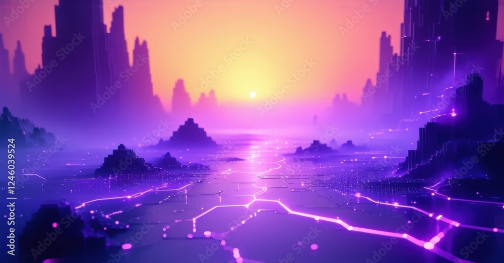 Cyber twilight gradient blending electric violet and soft peach, with glowing haze and geometric shapes, creating a futuristic, vibrant landscape at sunset Cyber twilight gradient blending electric violet and soft peach, with glowing haze and geometric shapes, creating a futuristic, vibrant landscape at sunset