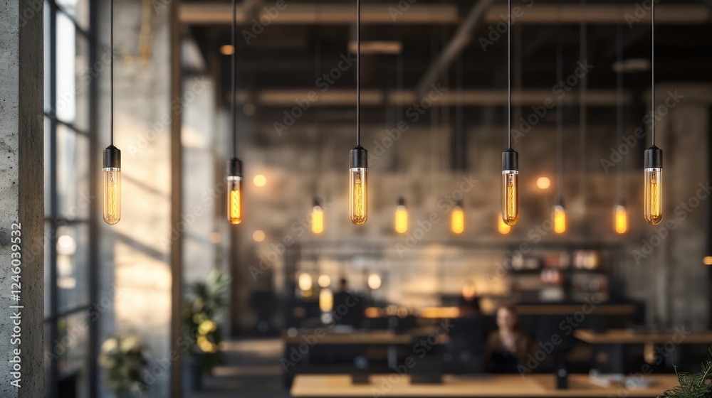Industrial style office with hanging edison bulbs and ambient lighting Industrial style office with hanging edison bulbs and ambient lighting