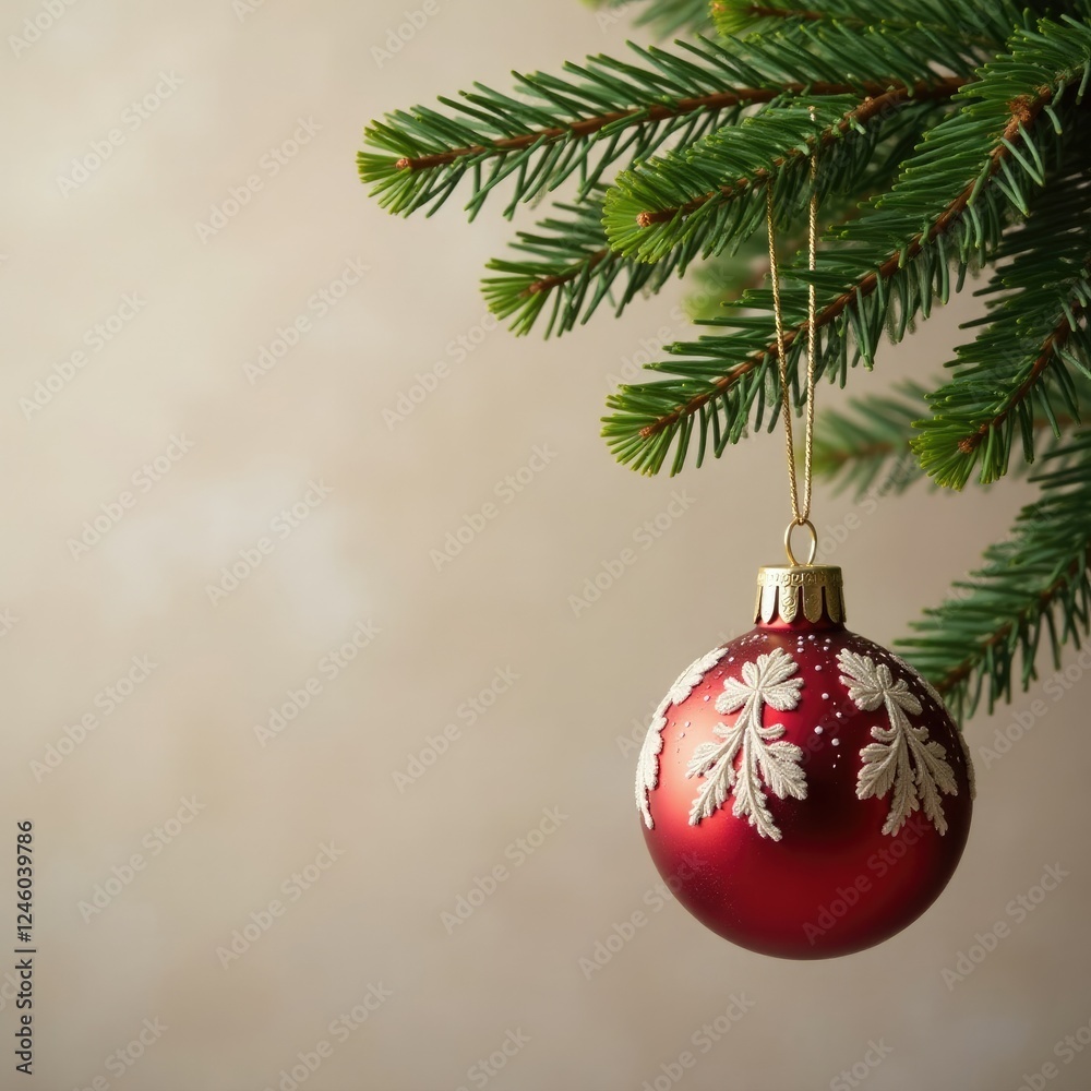 Ornate Christmas decorations on a bare evergreen branch, bauble, garland, festive Ornate Christmas decorations on a bare evergreen branch, bauble, garland, festive