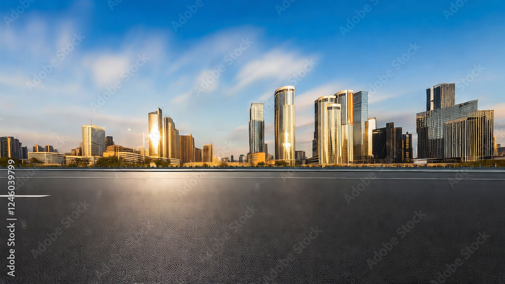 Asphalt square and city skyline with modern architecture day scene Asphalt square and city skyline with modern architecture day scene