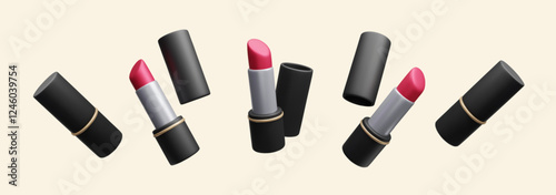 3D lipstick set in motion vector illustration. Luxury makeup black case red lipstick in different shapes realistic 3D icon set. Elegant beauty skincare lip balm, decorative cosmetic product lip gloss.