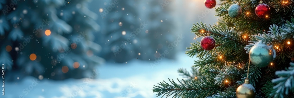 Ornate Christmas tree branch with sparkling garlands and berries on a snowy backdrop, christmas trees, mistletoe, holiday foliage Ornate Christmas tree branch with sparkling garlands and berries on a snowy backdrop, christmas trees, mistletoe, holiday foliage