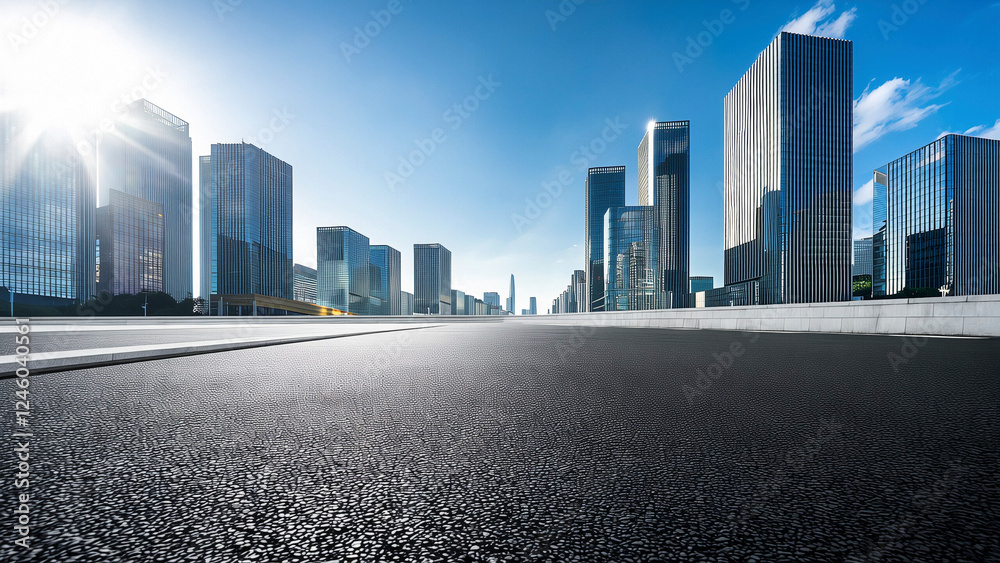 Asphalt square and city skyline with modern architecture day scene Asphalt square and city skyline with modern architecture day scene