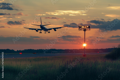 Airport with a plane taking off against the background of the sunset photo