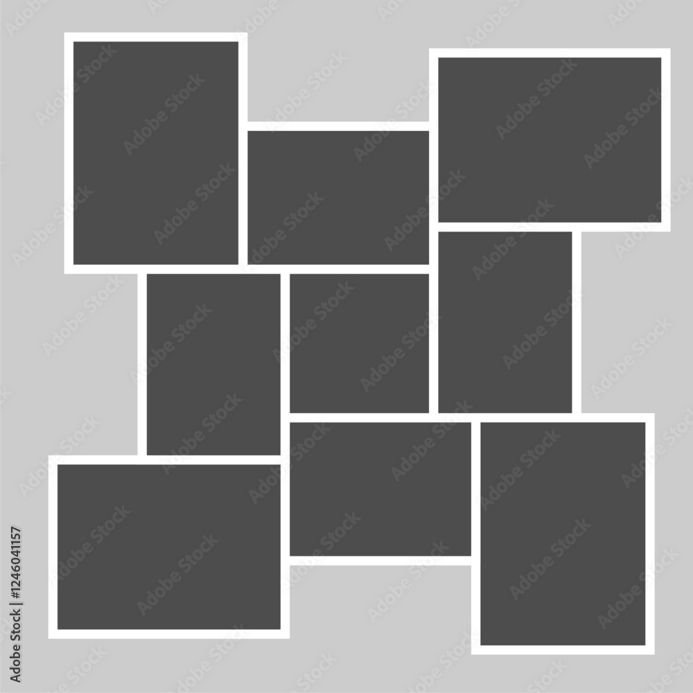 Vector grid template with empty photo frames, designed to organize and showcase gallery pictures in a clean, modern layout design Vector grid template with empty photo frames, designed to organize and showcase gallery pictures in a clean, modern layout design