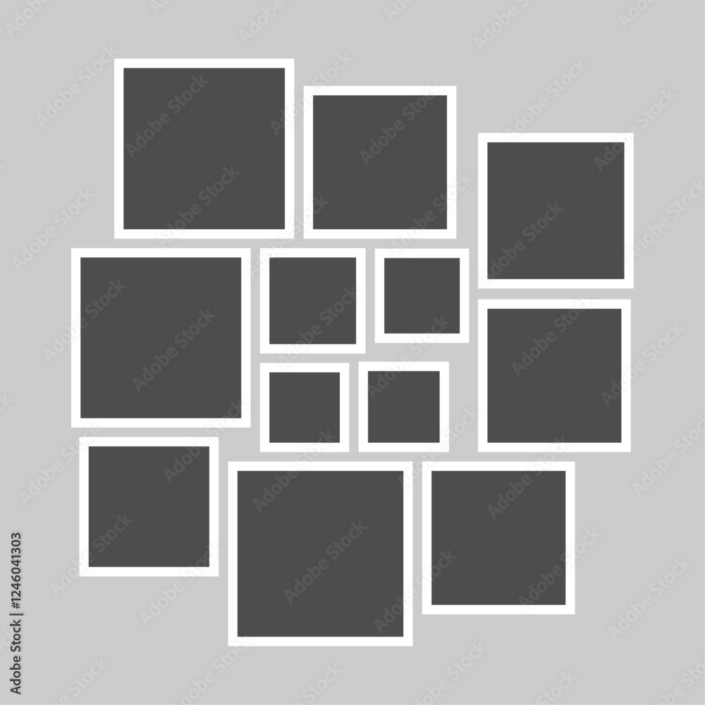 Vector grid template with empty photo frames, designed to organize and showcase gallery pictures in a clean, modern layout design Vector grid template with empty photo frames, designed to organize and showcase gallery pictures in a clean, modern layout design