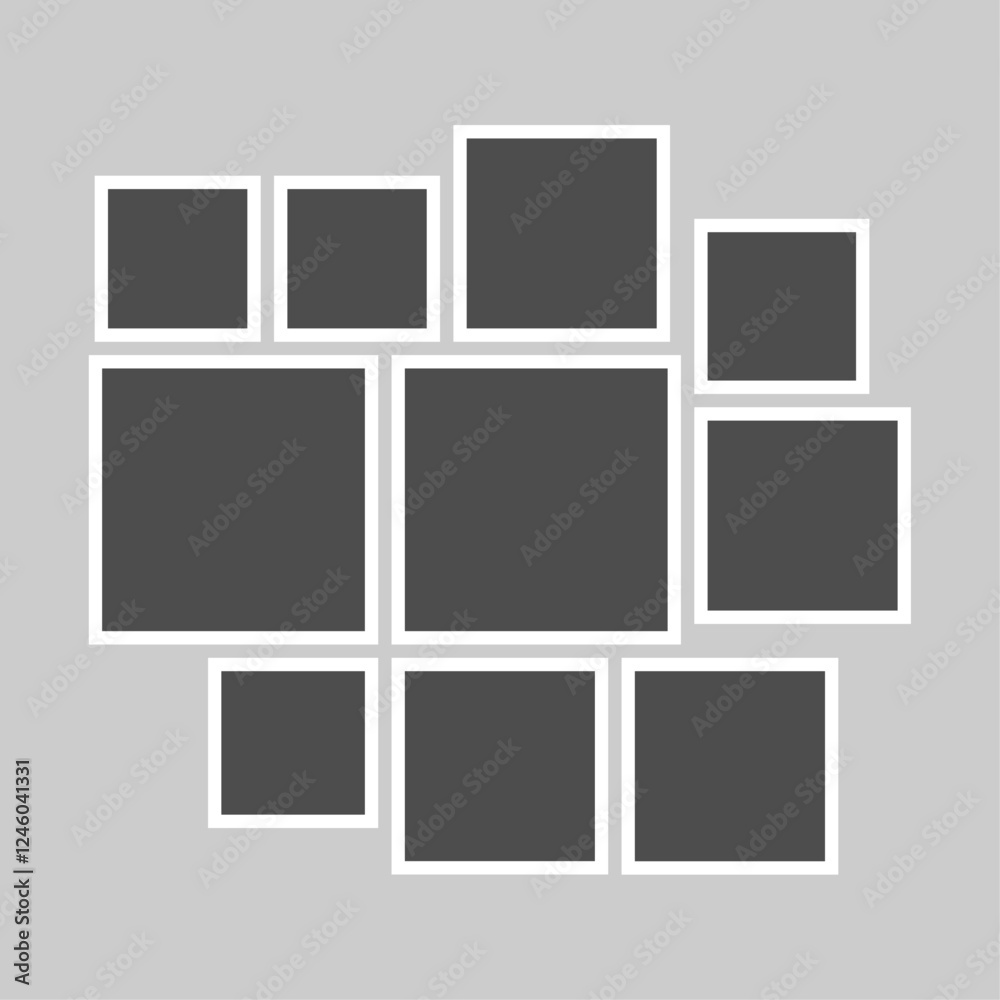 Vector grid template with empty photo frames, designed to organize and showcase gallery pictures in a clean, modern layout design Vector grid template with empty photo frames, designed to organize and showcase gallery pictures in a clean, modern layout design