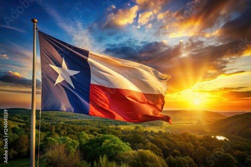 A panoramic Texas flag waves proudly, its lone star shining brightly against a vibrant, colorful state banner.