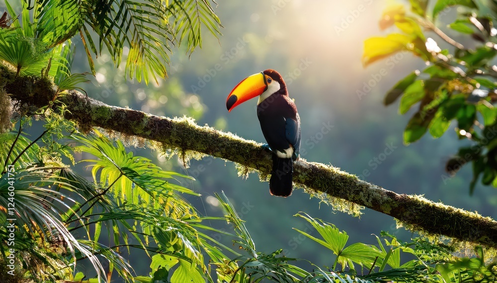 Vibrant Toucan Perched Amid Lush Rainforest Canopy An Enchanting Glimpse into the Exotic Tropics, Filled with Rich Greens and Bold Colors Vibrant Toucan Perched Amid Lush Rainforest Canopy An Enchanting Glimpse into the Exotic Tropics, Filled with Rich Greens and Bold Colors