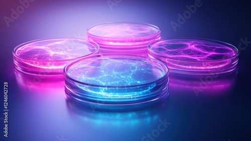Bioengineered Microorganisms Glowing Under UV Light in Petri Dishes