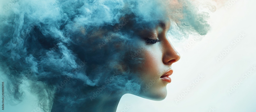 Fototapeta premium Portrait of a woman in profile surrounded by blue and white wispy smoke illustrating hidden mental health struggles and inner strength.