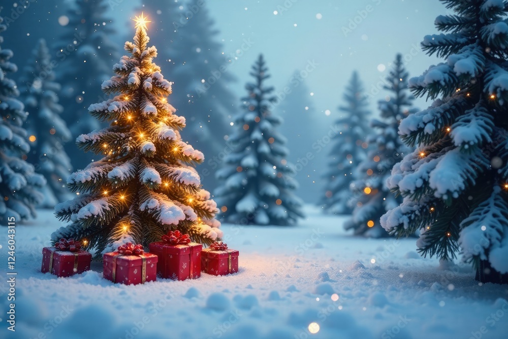 Obraz premium Snow-covered trees with a few scattered presents under them, presents, festive, trees