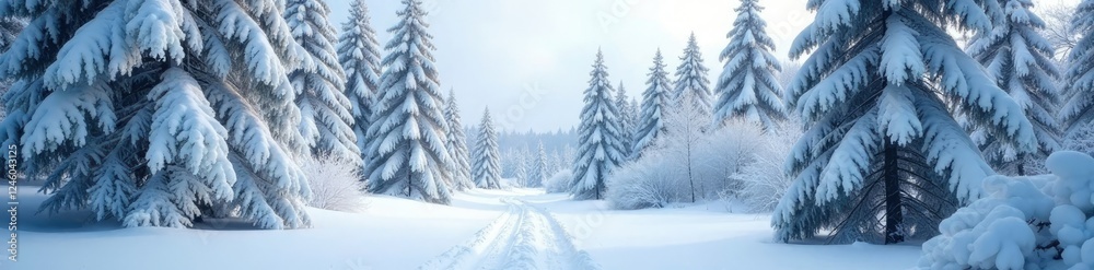 Snow-covered trees with branches heavy with weight, cold climate, frozen landscape, frosty branches Snow-covered trees with branches heavy with weight, cold climate, frozen landscape, frosty branches