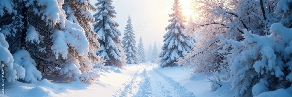Fototapeta premium Snow-covered trees with branches heavy with weight, cold climate, frosty branches