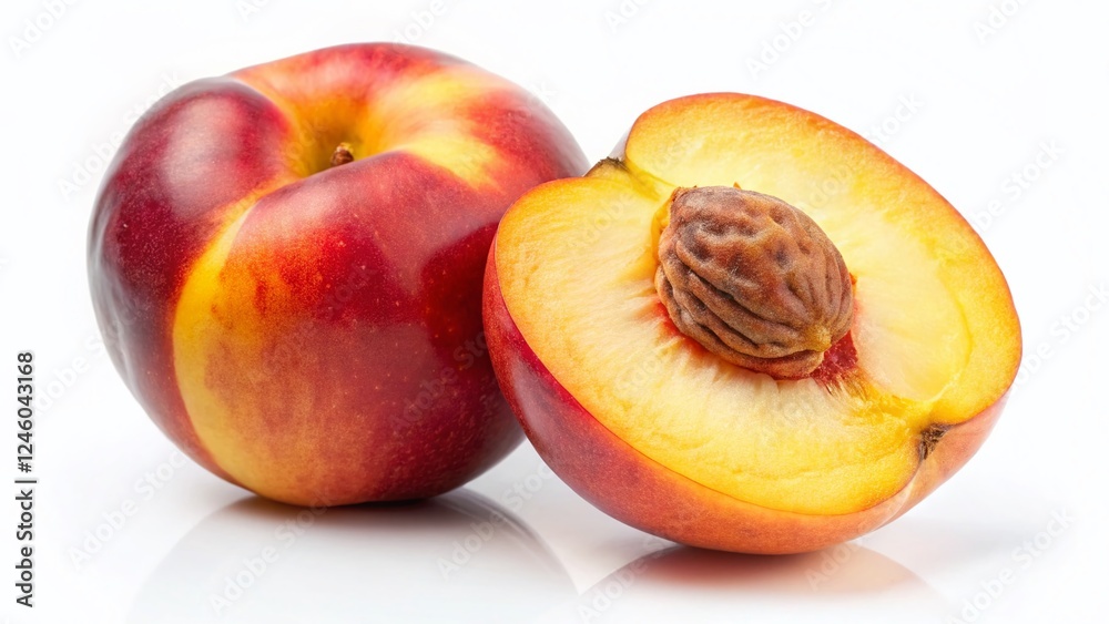 Ripe Peach Slice, Nectarine Half, Top View, White Background, Flat Lay, Juicy Fruit, Summer Food Ripe Peach Slice, Nectarine Half, Top View, White Background, Flat Lay, Juicy Fruit, Summer Food