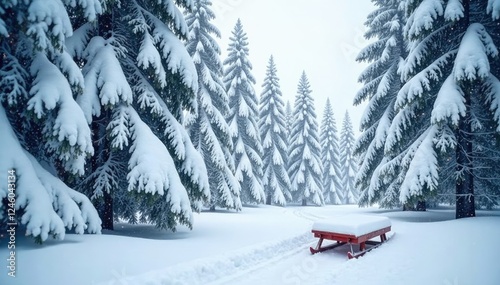 Snow-covered trees with a sledge in the foreground, whiteout, , sledge