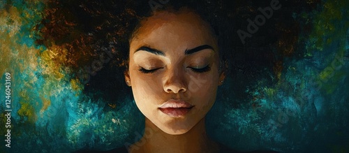 Serene woman with closed eyes reflecting on purpose surrounded by vibrant teal and green hues creating a tranquil atmosphere of introspection.